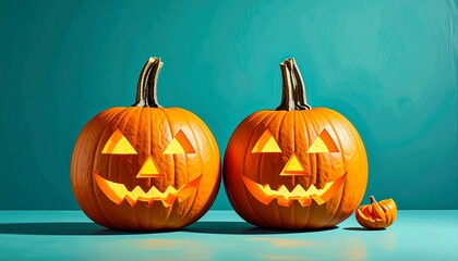 Two jack-o'-lanterns with triangular eyes and jagged smiles on white surface, light turquoise background.