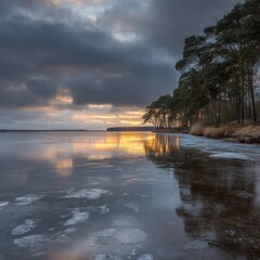 Frozen Lake Reflecting Sunset Light with Dark Clouds and Trees in Winter Landscape Scenery at Dusk