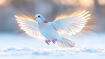 Obraz premium Serene white dove in flight, wings outstretched with radiant light, landing gently on snowy ground. Ideal for peace, hope, spirituality, and religious themes.