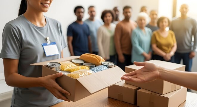 Woman volunteer giving opening cardboard box for those in need indoors, delivery. Food donations in box, charity work. Social support and community help concept