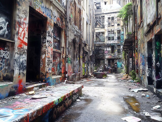 Fototapeta premium Urban decay alleyway, vibrant graffiti art covers crumbling brick walls. Gritty, atmospheric scene perfect for urban, grunge, or street art projects. Evokes feelings of abandonment and creativity.
