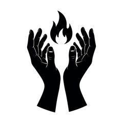 Black silhouette of two hands raised upward with a fire icon isolated on white background