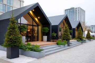 Obraz premium Modern holiday market stalls displaying festive Christmas trees