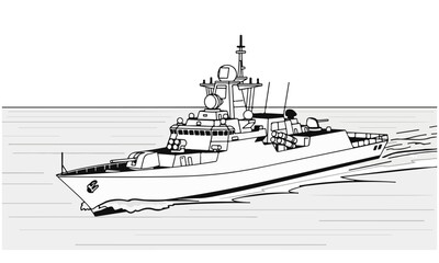 Monochrome Naval Warship Frigate Sailing at Speed