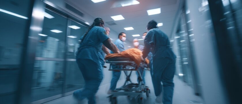Medical Team Rushing Patient on Gurney Through Hospital Hallway Emergency Situation Fast Paced Action Low Angle Perspective