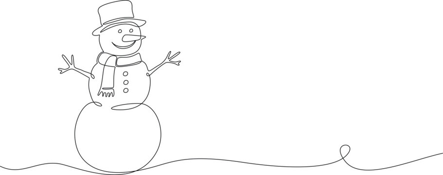 Continuous hand drawn line of snowman, isolated on transparent background. Single line art illustration of winter snowman.