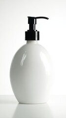 Fototapeta premium White Oval Pump Bottle with Black Dispenser on White Background Keywords: bottle, pump, dispenser, liquid, soap, lotion, cosmetic