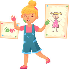 Young Girl with Blonde Hair and Blue Overalls Joyfully Showing Handprints and Drawings with Paint Smears on Cheeks