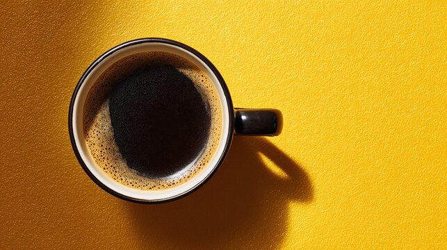 topdown. Minimalist coffee cup on a sleek gold-black surface, embodying simplicity and modern design. bar promotions, beverage menus, designed for product packaging and bar promotions.