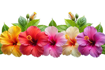 A vibrant border of hibiscus flowers in various colors, including yellow, red, pink, orange, and purple, isolated on a transparent background
