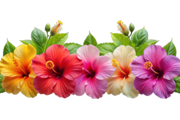 A vibrant border of hibiscus flowers in various colors, including yellow, red, pink, orange, and purple, isolated on a transparent background