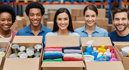 Group people volunteers holds box with donated food, clothes, and hygiene items. Charity and humanitarian assistance. Social support and community help concept