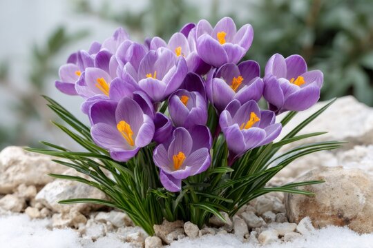 Purple crocus flowers blooming in late winter snow