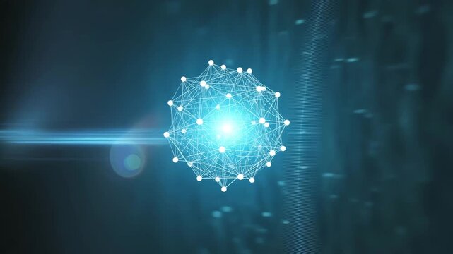 Abstract glowing molecular structure with light streaks on dark blue background molecule atom