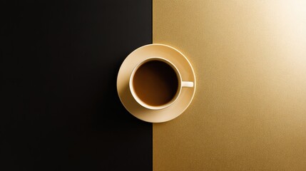 topdown. Minimalist coffee cup on a sleek gold-black surface, embodying simplicity and modern design. bar promotions, beverage menus, designed for product packaging and bar promotions.