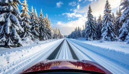 Red Car Driving on a Snow Covered Road Through a Pine Forest During a Sunny Winter Day with Clear Blue Sky and Dramatic Clouds