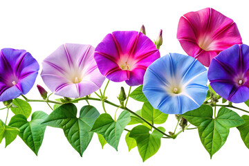 A vibrant border of colorful morning glory flowers, including shades of purple, pink, and blue, with green leaves and tendrils, isolated on a transparent background