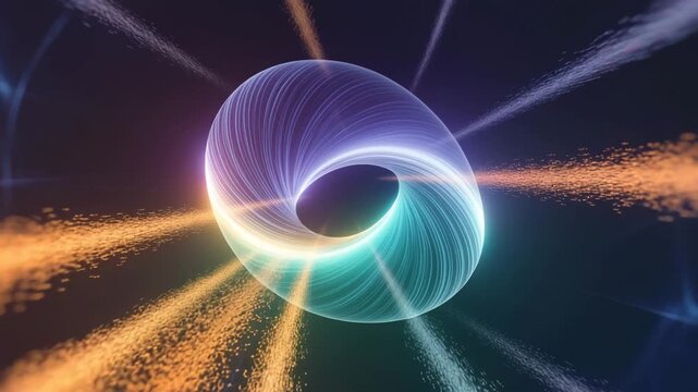 Abstract glowing torus shape with swirling light particles and streaks image photo