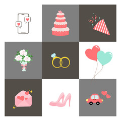 Flat Wedding Icon Pattern in Pastel Colors – Love, Marriage, and Celebration Vector Background