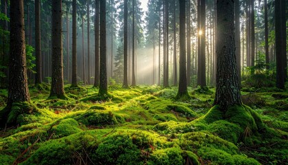 Obraz premium Sunlight Streams Through Evergreen Forest Canopy Illuminating Mossy Ground in Morning Mist