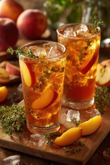 Refreshing peach thyme iced tea in tall glasses on rustic wooden board close up still life summer drink