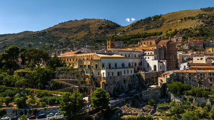 Naklejka premium View of Monreale Cathedral. It is a Catholic church, a masterpiece of Norman architecture, located in the historic center of the town in the metropolitan city of Palermo, Sicily, Italy.