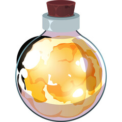 Pixel Art Glass Potion Bottle Filled With Golden Light And Fiery Orange Swirls Corked With A Dark Red Stopper On A Transparent Background