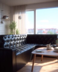 Living room interior with black leather sofa and coffee table in daytime home setting