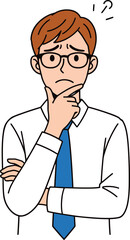 Thoughtful businessman in glasses, flat cartoon, confused man pondering a decision with a question mark.