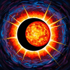 Celestial Symphony: An abstract, luminous interplay of swirling darkness and radiant light during a haunting, emotionally charged solar eclipse in the cosmic dance of passion and wonder