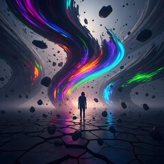 A Lone Figure in a Surreal Labyrinth of Shifting Colors: Exploring the Turbulent Depths of Inner Mental Chaos Beyond Expectations