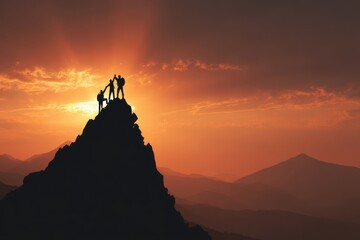 Team Celebrating Success on Mountain Peak at Sunset Silhouette Achieving Goal Together Adventure