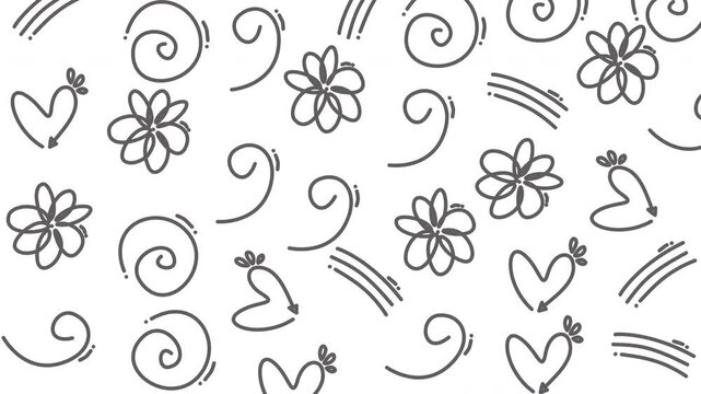 Minimal line-art pattern of flowers and hearts in continuous motion, ideal for decorative, romantic, or artistic visuals