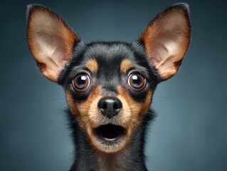 Close up portrait of a surprised miniature pinscher dog with wide eyes and open mouth against a plain background studio shot