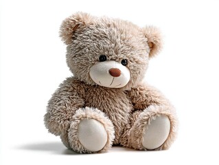 Fototapeta premium Cute fluffy teddy bear sitting isolated on white background studio shot toy animal plush gift present childhood