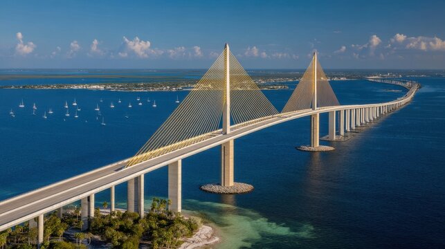 Sunshine Skyway Bridge aerial view crossing Tampa Bay Florida scenic landscape transportation architecture engineering