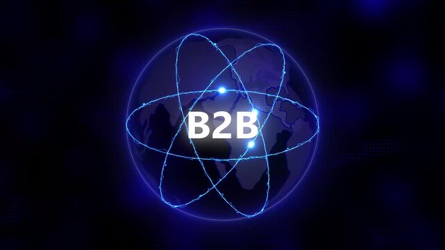 Global B2 B concept with glowing blue orbits around a dark Earth globe and the word B2 B in white Business to Business