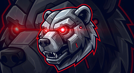 Fototapeta premium Fierce robotic bear head with glowing red eyes, a powerful and aggressive symbol perfect for gaming esports logos and tech brands seeking a bold statement.