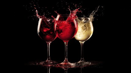 Three wine glasses with splashing liquid on black background studio shot close up of red and white wine in motion