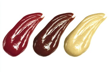 Ketchup Barbecue Mustard Swirls on White Background Close Up Studio Shot of Condiment Trio for Hot Dog Hamburger