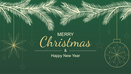 Festive banner for Christmas and New Year. Template with fir branches, Christmas tree decorations, stars, and congratulatory text. Vector graphic