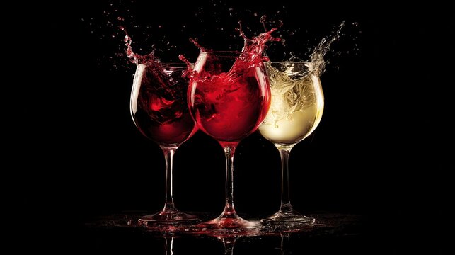Three wine glasses with splashing liquid on black background studio shot close up of red and white wine in motion - Powered by Adobe