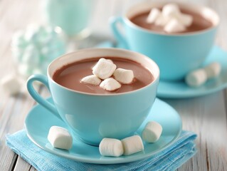 Close-up of two cups of hot chocolate with marshmallows on a wooden table in soft light studio shot