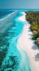 Aerial view of tropical island with white sand beach turquoise water and palm trees in Maldives paradise vacation destination