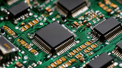 Obraz premium Close up of Green Circuit Board With Microchips and Electronic Components Generative AI