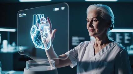 Senior female doctor examines holographic heart visualization on digital medical interface. Advanced cardiology technology, futuristic healthcare diagnostics, virtual anatomy display. Professional - Powered by Adobe