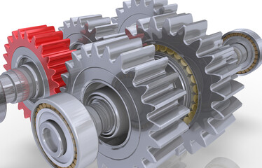 3D Präzisionsgetriebe mit Zahnrädern und Ritzel und einem roten Zahnrad mit Kugellager verchromt, freigestellt

