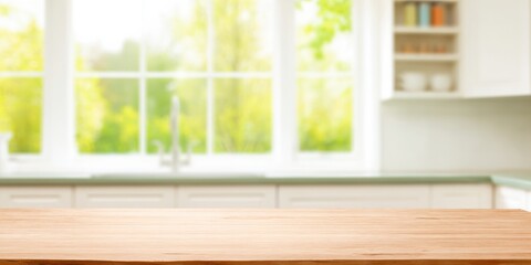Fototapeta premium Wooden table in front of a blurred kitchen interior with large windows and greenery outside background