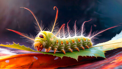 A vibrant caterpillar with intricate details crawls on a leaf, showcasing natures beauty and complexity