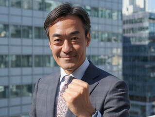 Fototapeta premium オフィス街の屋上でガッツポーズをするスーツ姿の中年ビジネスマンの笑顔ポートレート写真